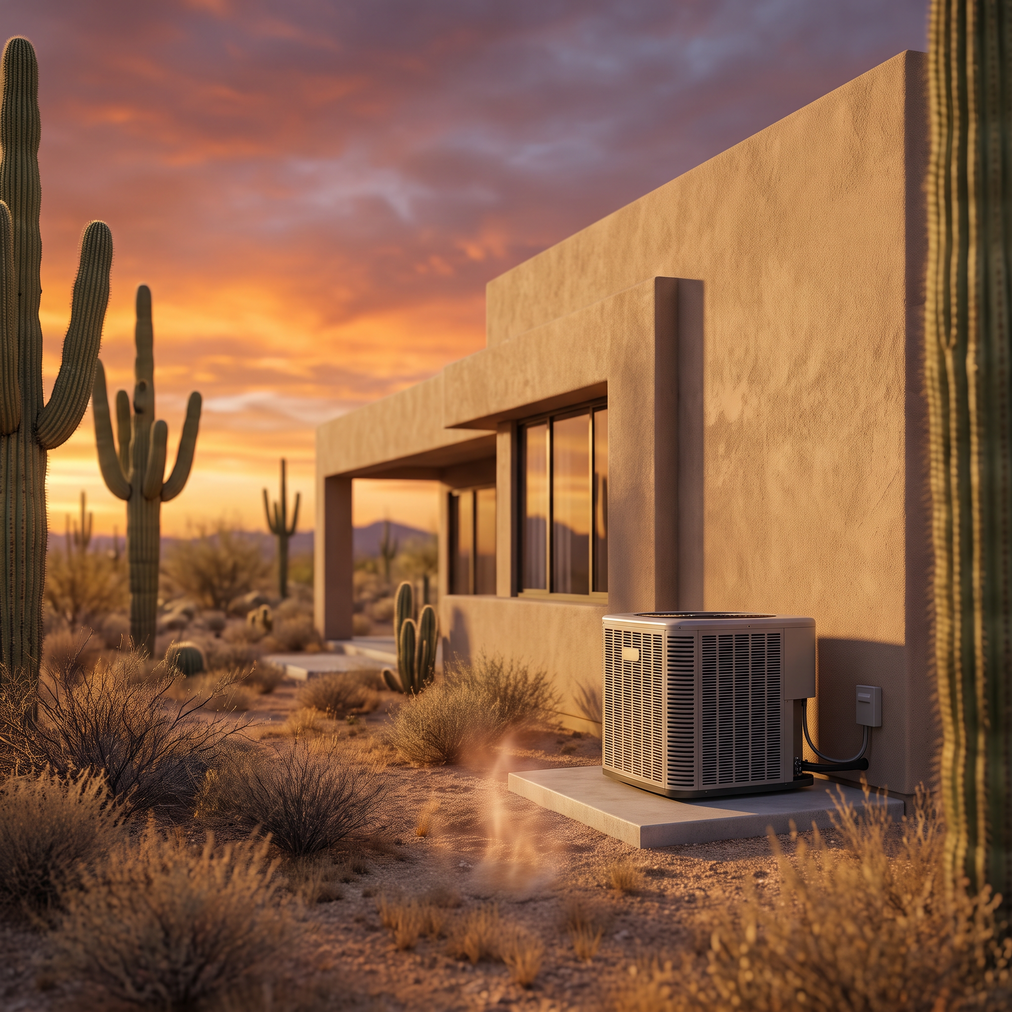 A modern Arizona desert home at golden hour with its air-conditioning unit running